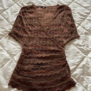Vintage Iconic Zigzag Design Stretchy Metallic Brown Crochet Knit Top Small